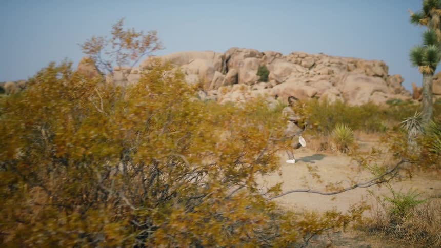 A woman runs across the landscape
