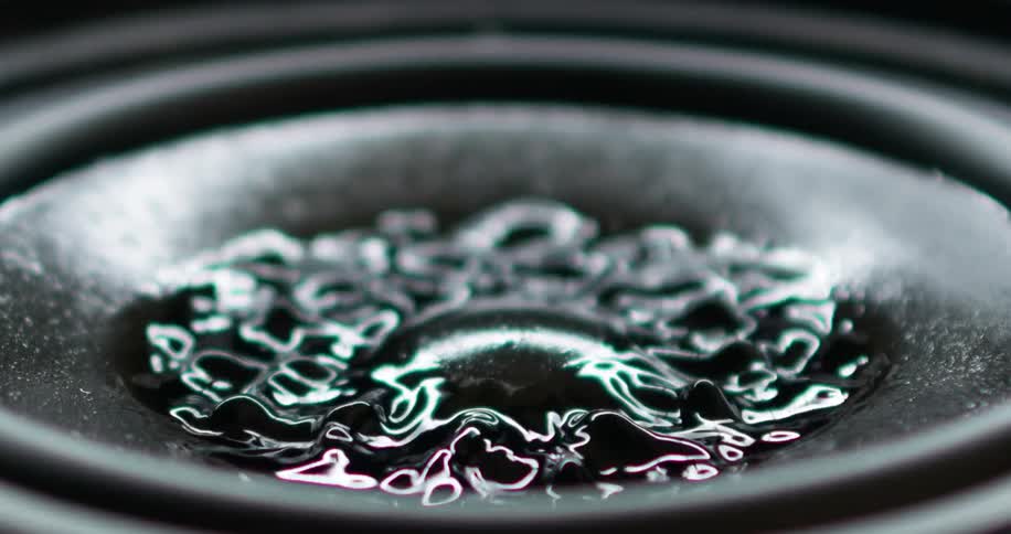 Liquid sitting on a speaker and moving as vibrations begin