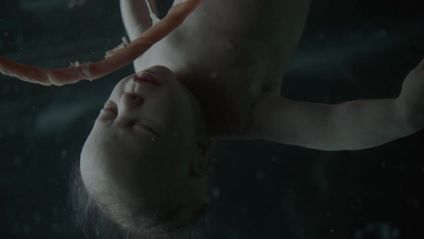 An unborn baby with umbilical cord floats upside down
