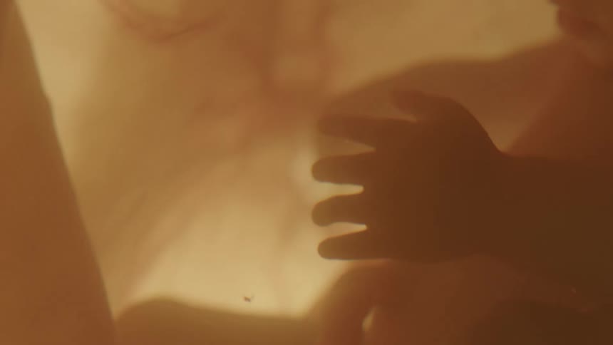 A fetus gently rests inside of a uterus full of amniotic fluid