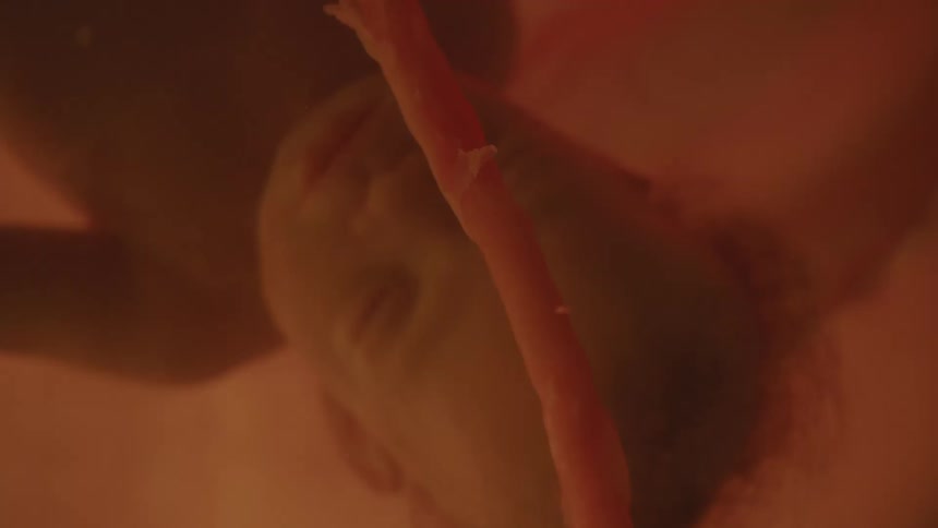 A fully developed fetus floats calmly inside of a uterus full of amniotic fluid