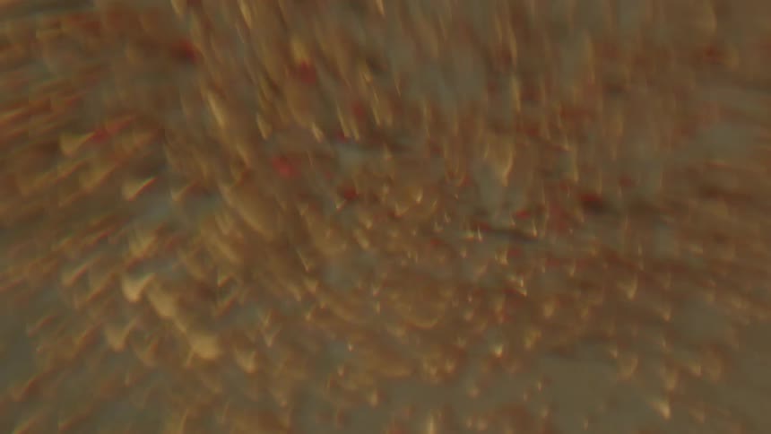Clear liquid has tan metallic bubbles moving fast and then slow