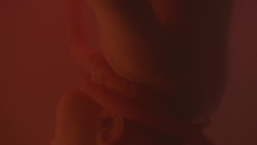 A baby floats in liquid with the umbilical cord around its neck with red hues and white light