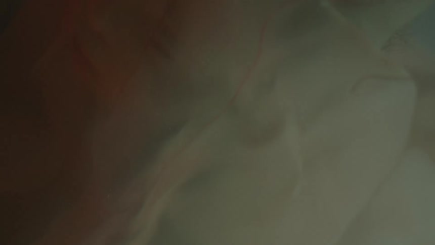 Red and white smoke and liquid mingle behind a thin membrane