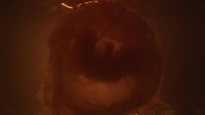 A baby encased in a membrane floats in fluid