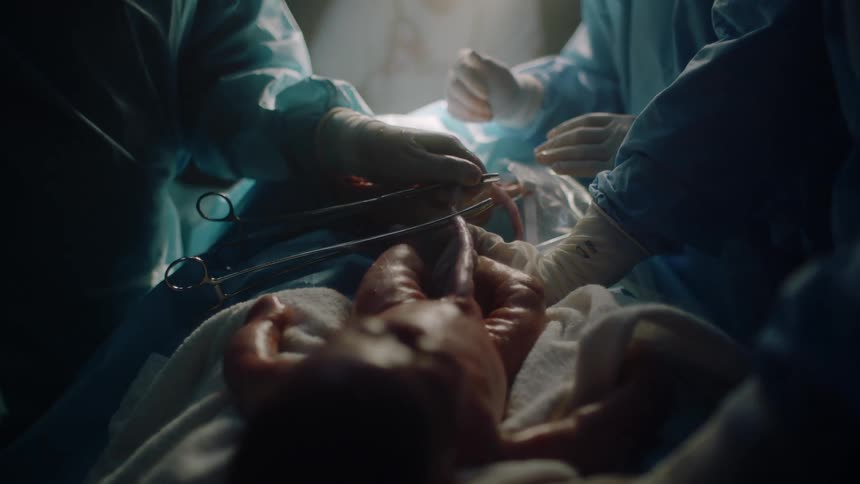 The babys umbilical cord is being cut with scissors