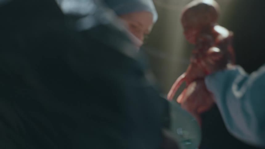 A doctor delivers a baby and holds up its limp form