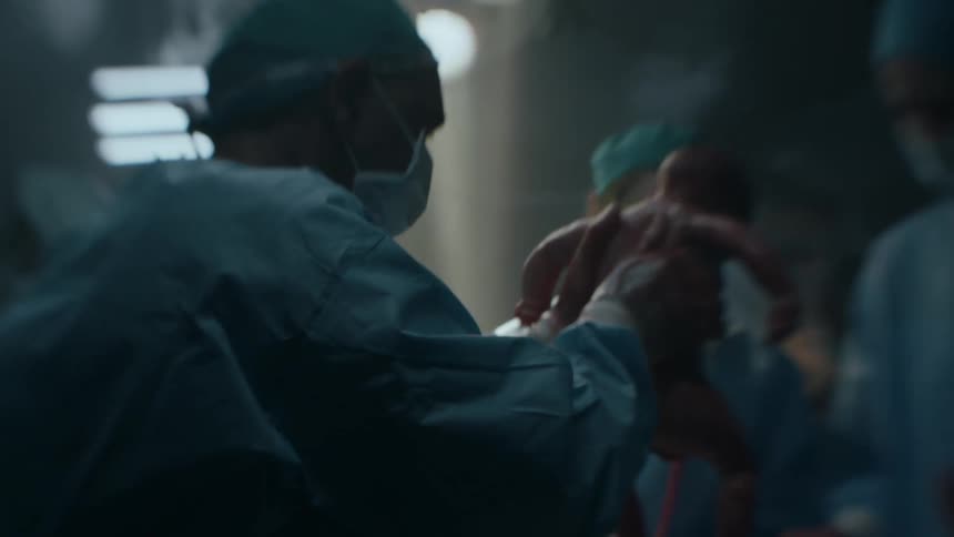 Doctors delivering a human newborn baby in a dimly lit room in the hospital