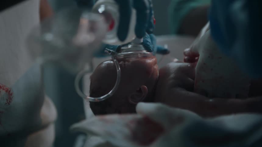A newborn is in distress after birth with medical staff assisting with breathing