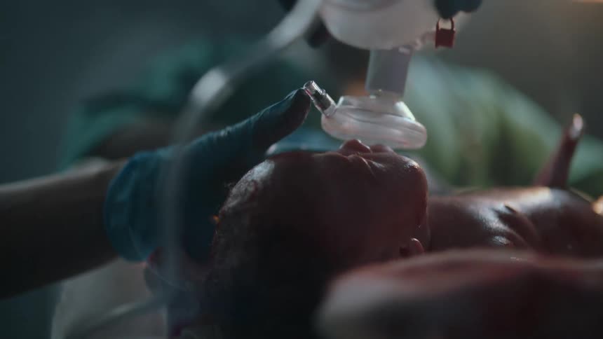 Medical professionals place an oxygen mask on a newborn baby in the hospital