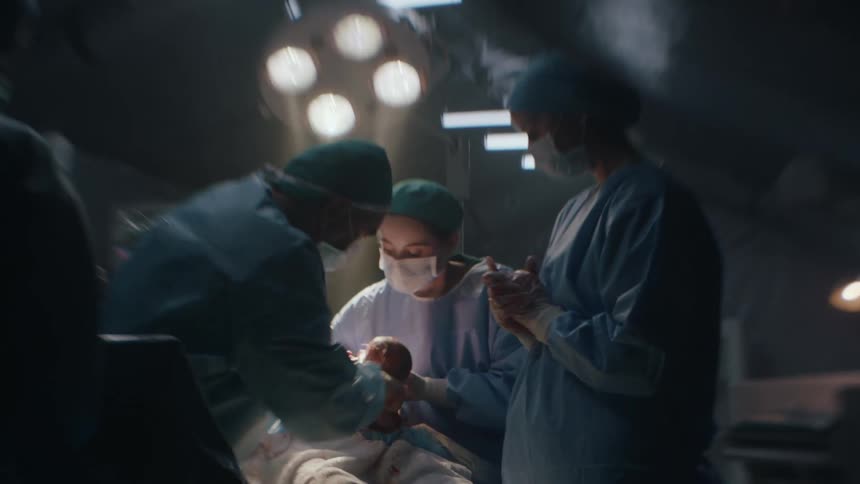 A doctor removes a baby during a cesarean section and then cuts the cord