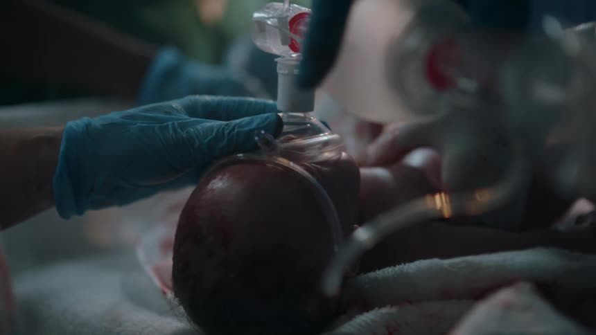 Doctors and nurses in a hospital work to resuscitate a newborn baby