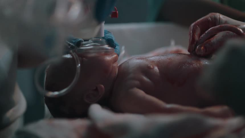 A medical team quickly works to deliver oxygen to a newborn baby