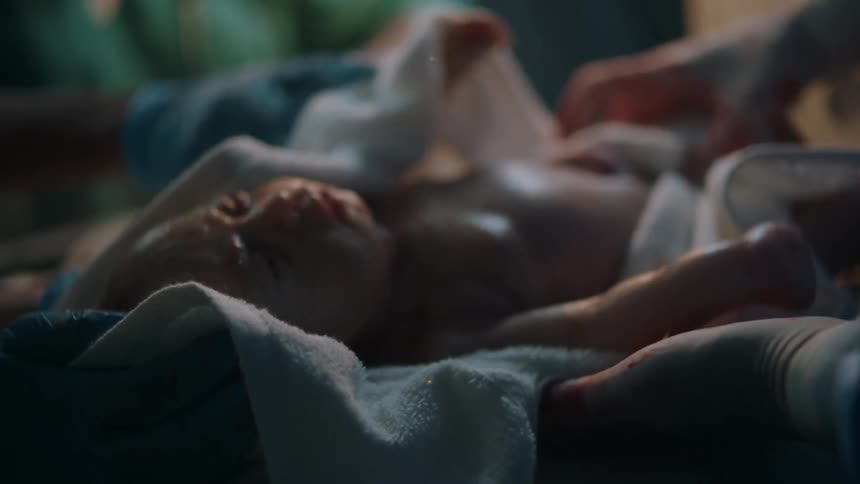 Wiping off a newborn with a towel after delivery in a hospital
