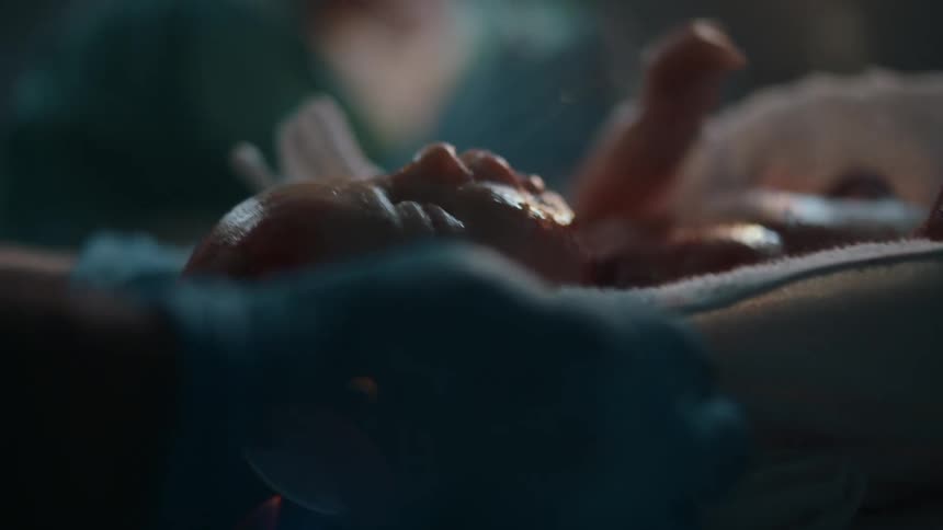 A doctor wiping blood from a newborn baby in a hospital