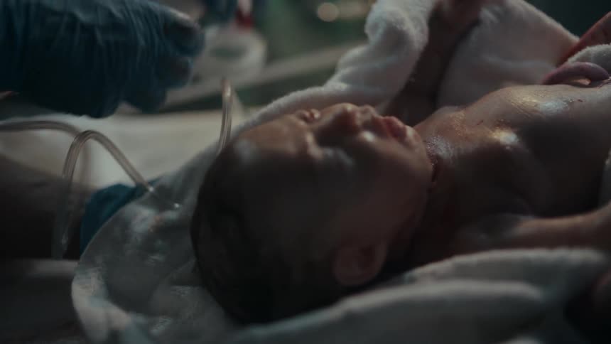 A newborn baby is given oxygen in a hospital