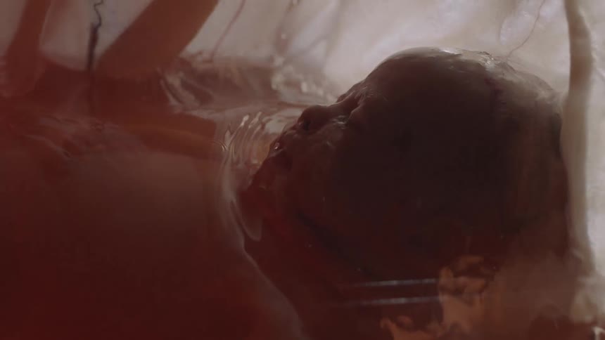 A baby is underwater then comes to the surface with liquid receding