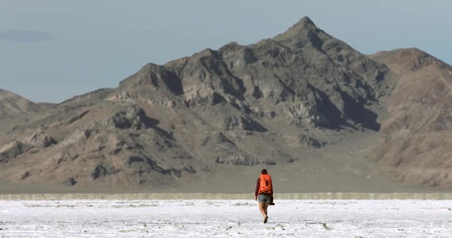 Person slowly walking across a barren plain