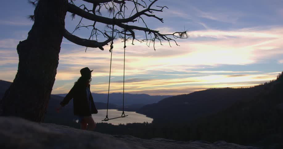A woman walks towards a swing hanging from a large tree above a lake and grabs on to the rope