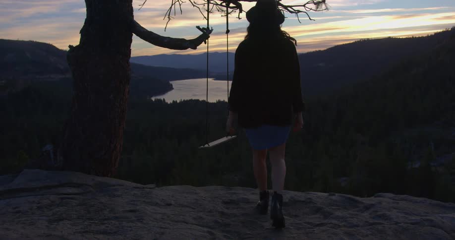 A woman walks toward a swing on a tree that overlooks a forest and canyon