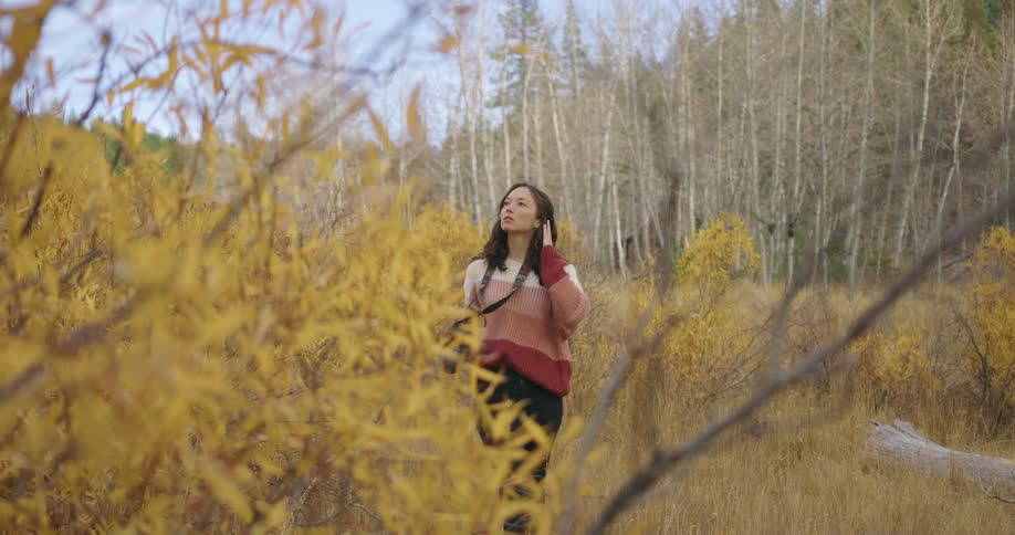 A young woman walks through a forest while carrying a camera and looking around