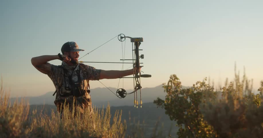 A hunter aims a compound bow at dawn partially hidden by brush