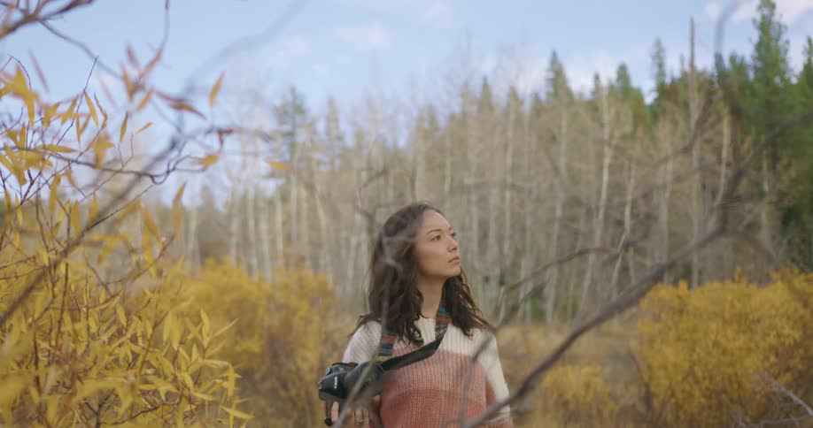 A woman walks through a forest carrying a camera