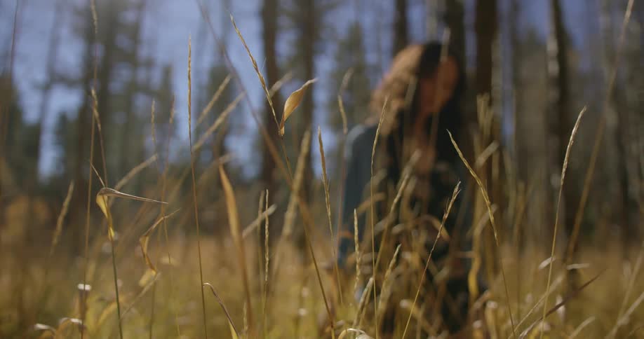 A woman walking through tall grass in a field in the daytime