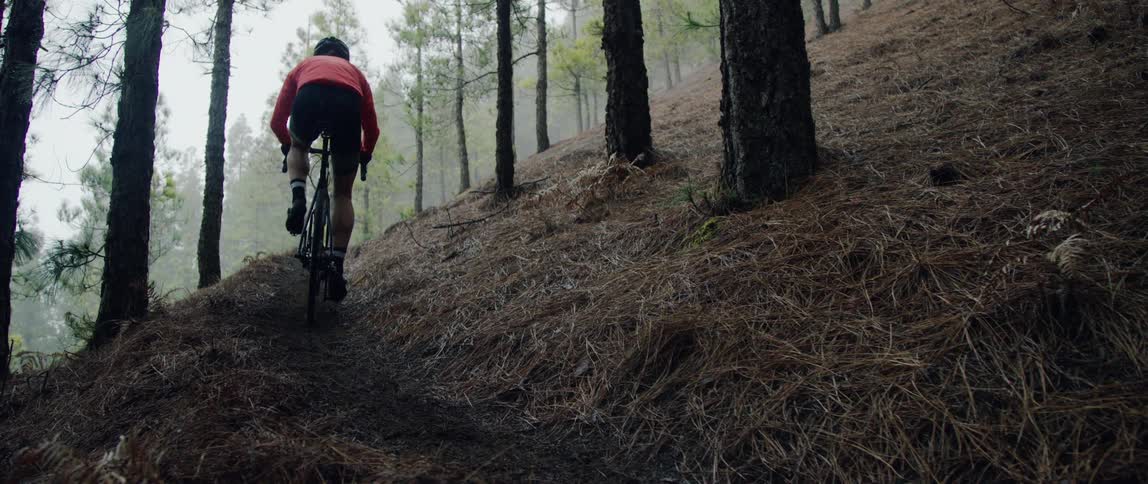wide angle shot of cyclist pedaling up hill through a foggy forest