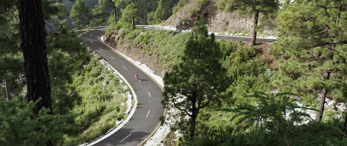 cyclist rides a bicycle down a scenic forest mountain curved roadway