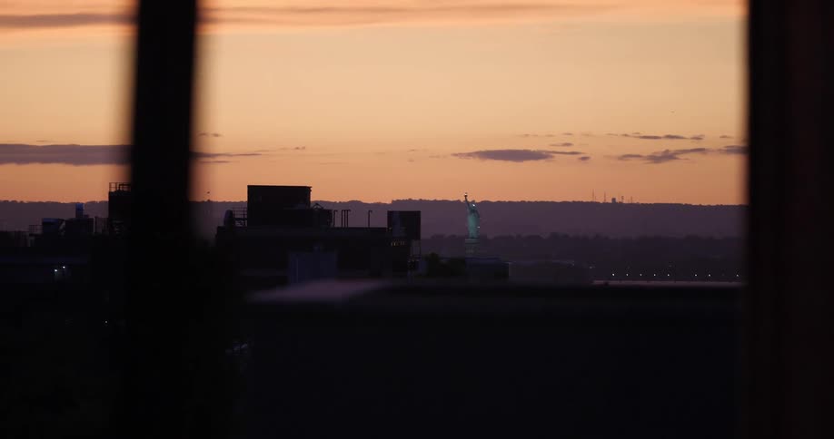 From a distant vantage point the statue of liberty is visible behind city buildings
