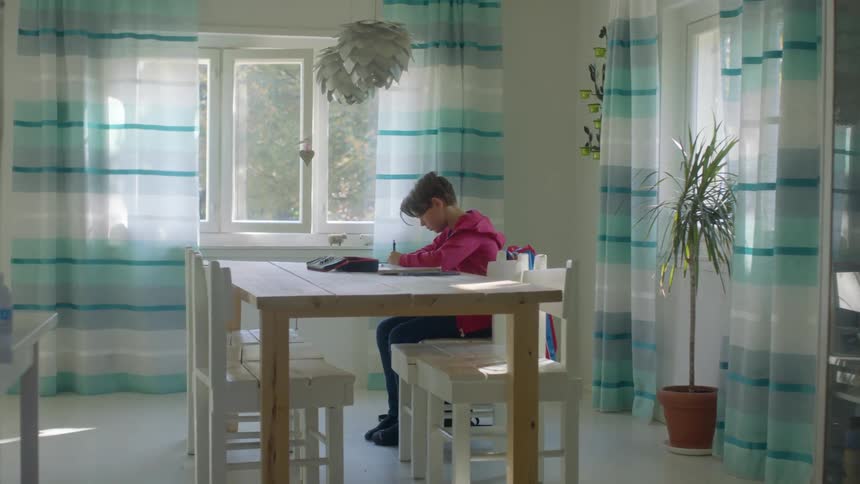 A boy doing homework at a dining room table at home