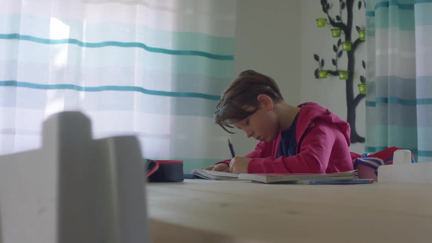 Young boy doing homework on the dinning table at home