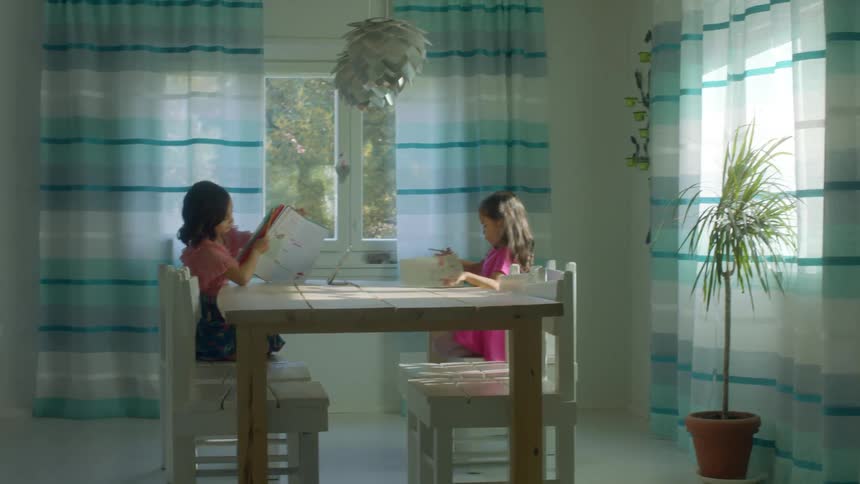 Two girls sit at a table at home and do school work