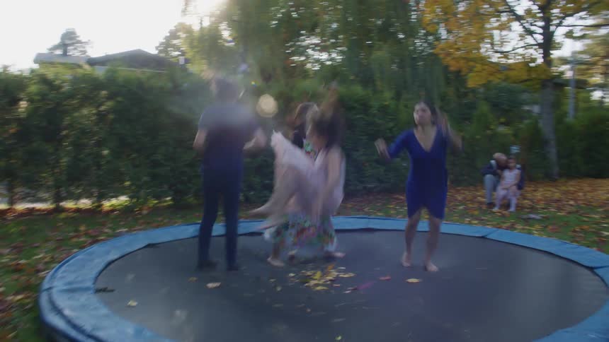 Family and friends jump on ground trampoline in backyard near hedge
