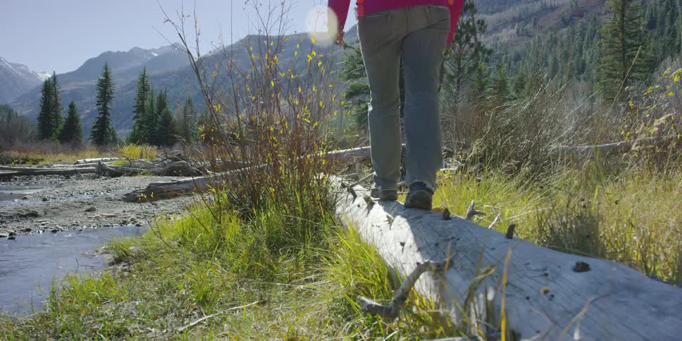 A person is hiking near a stream over a log