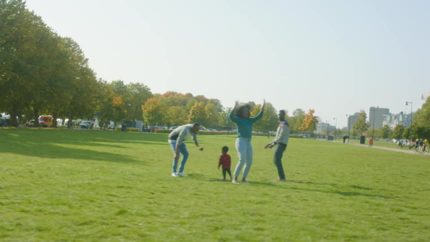 A family dances and plays with a little boy on the grass in a public park