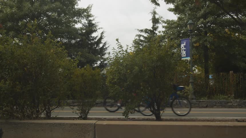 A woman and men ride bikes down a street