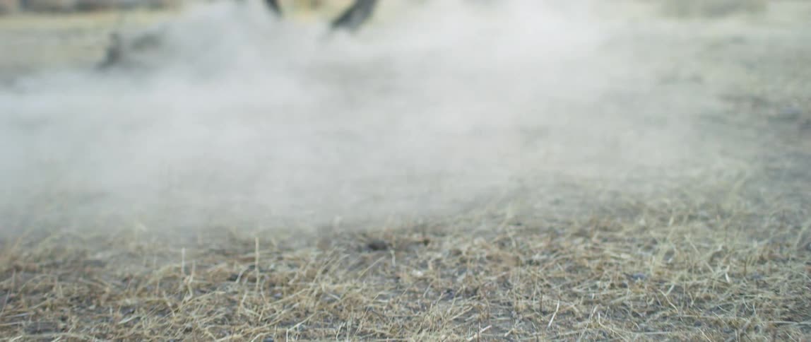 Close up of horse legs running over dry grass kicking clouds of dust