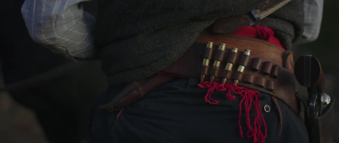 A person with a knife a gun a holster and bullets with a horse in the background