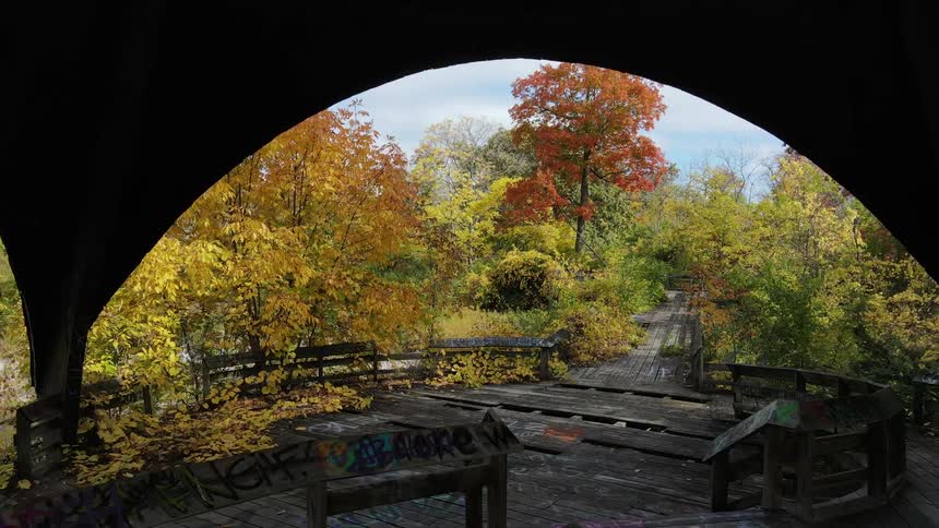 Round archway with wooden planks connecting a walkway surrounded by plants and trees with red orange and yellow leaves