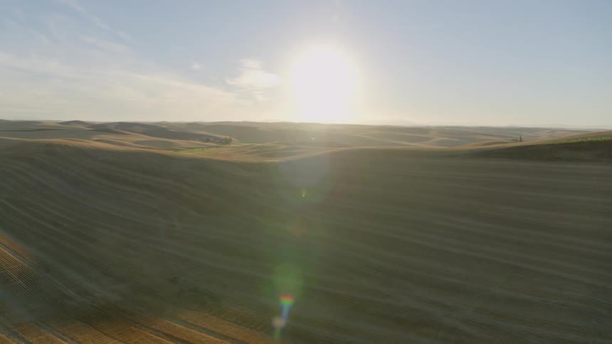 Traverse over rolling fields of recently harvested cropland as the early morning sun shines brightly