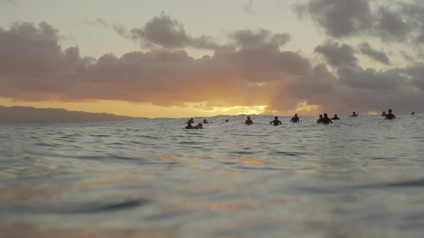 A group of people is floating in the ocean while the sun sets