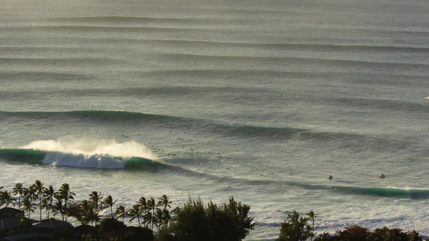 Ocean waves flowing towards a shore with silhouetted trees at daytime