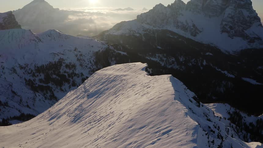 Aerial view of snow covered mountains are displayed