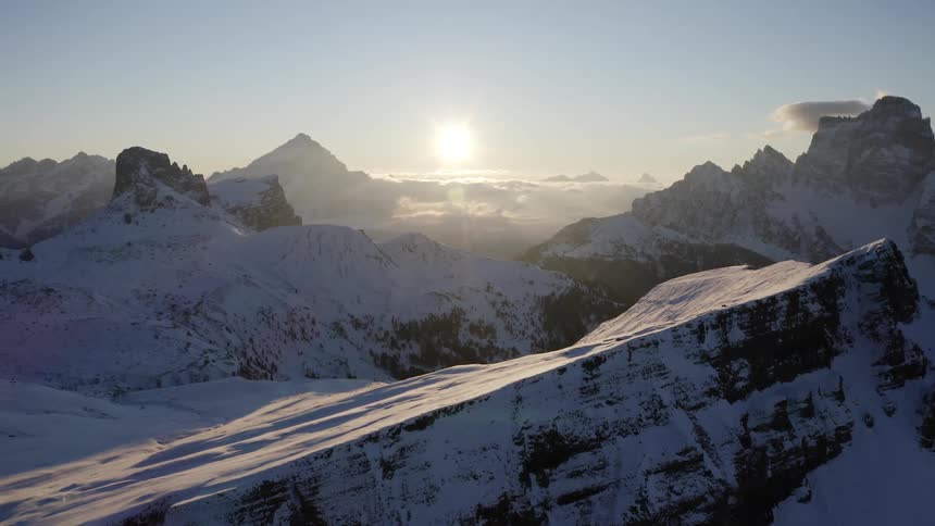 Aerial view of snow covered mountains are displayed
