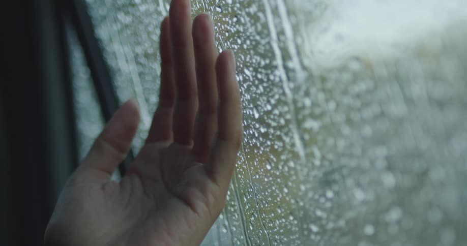 A person uses the back of their hand and their fingers tips to touch the glass of a car window while it rains