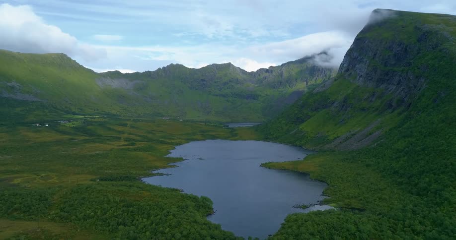 Green mountains and hills with small lakes ponds pools and a few roads at the bottom