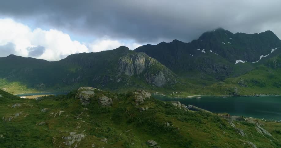 Mountains with peaks high into a cloudy sky and a lake
