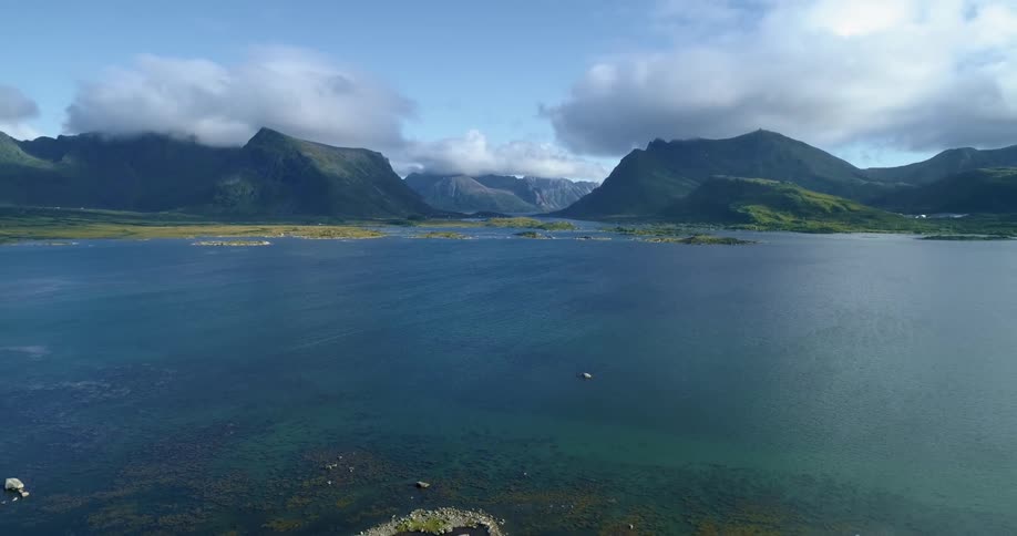 An aerial view of the water and cliffs on the shoreline